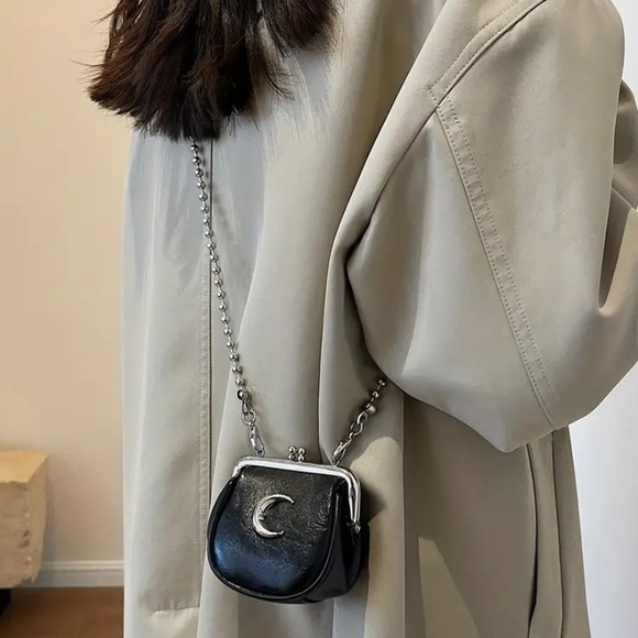 Faux Leather Crescent Moon Mini Crossbody Bag Purse Pouch Beaded Strap Black - Picture 2 of 7